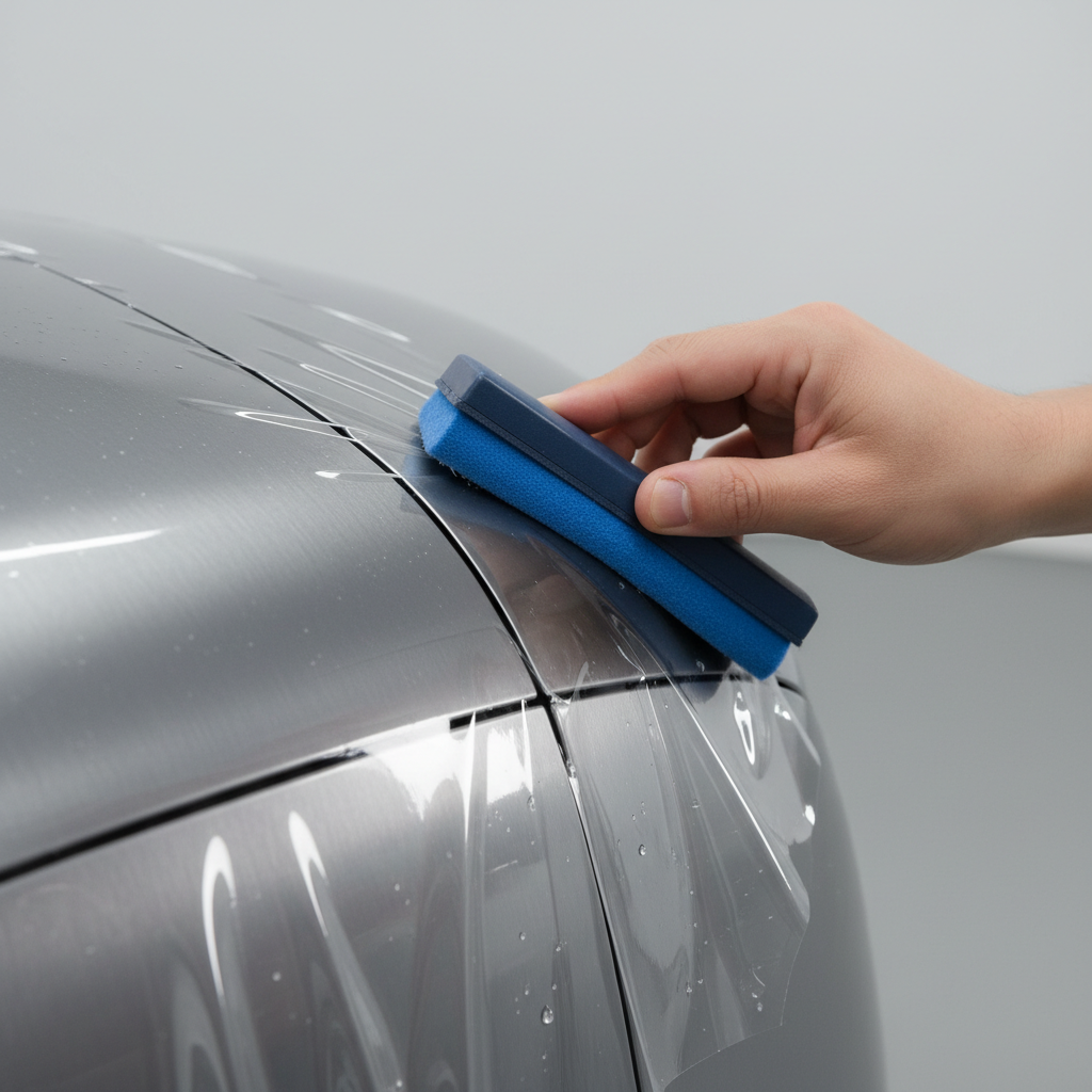 Macro close-up of vinyl wrap being squeegeed across a curved body panel showing zero bubbles and perfect adhesion