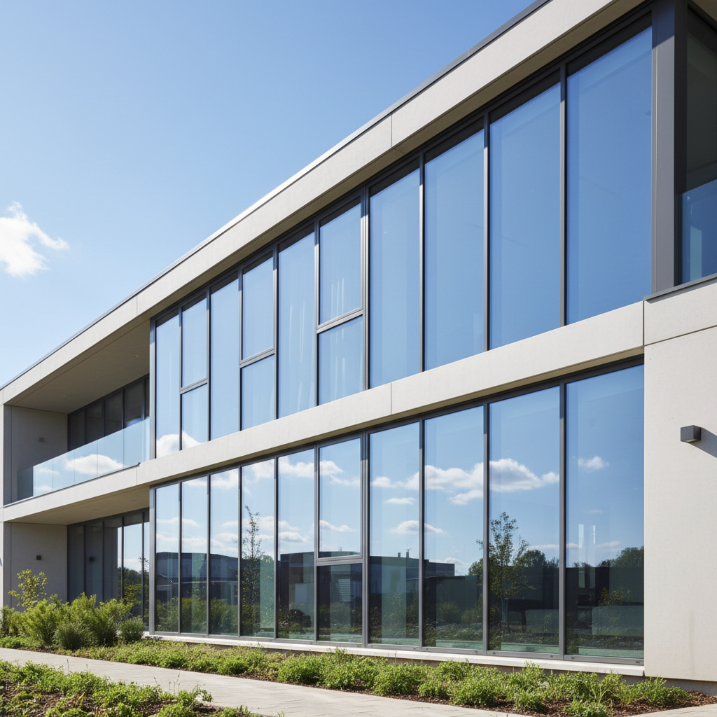 Modern residential building with large triple-glazed floor-to-ceiling windows in grey aluminum frames