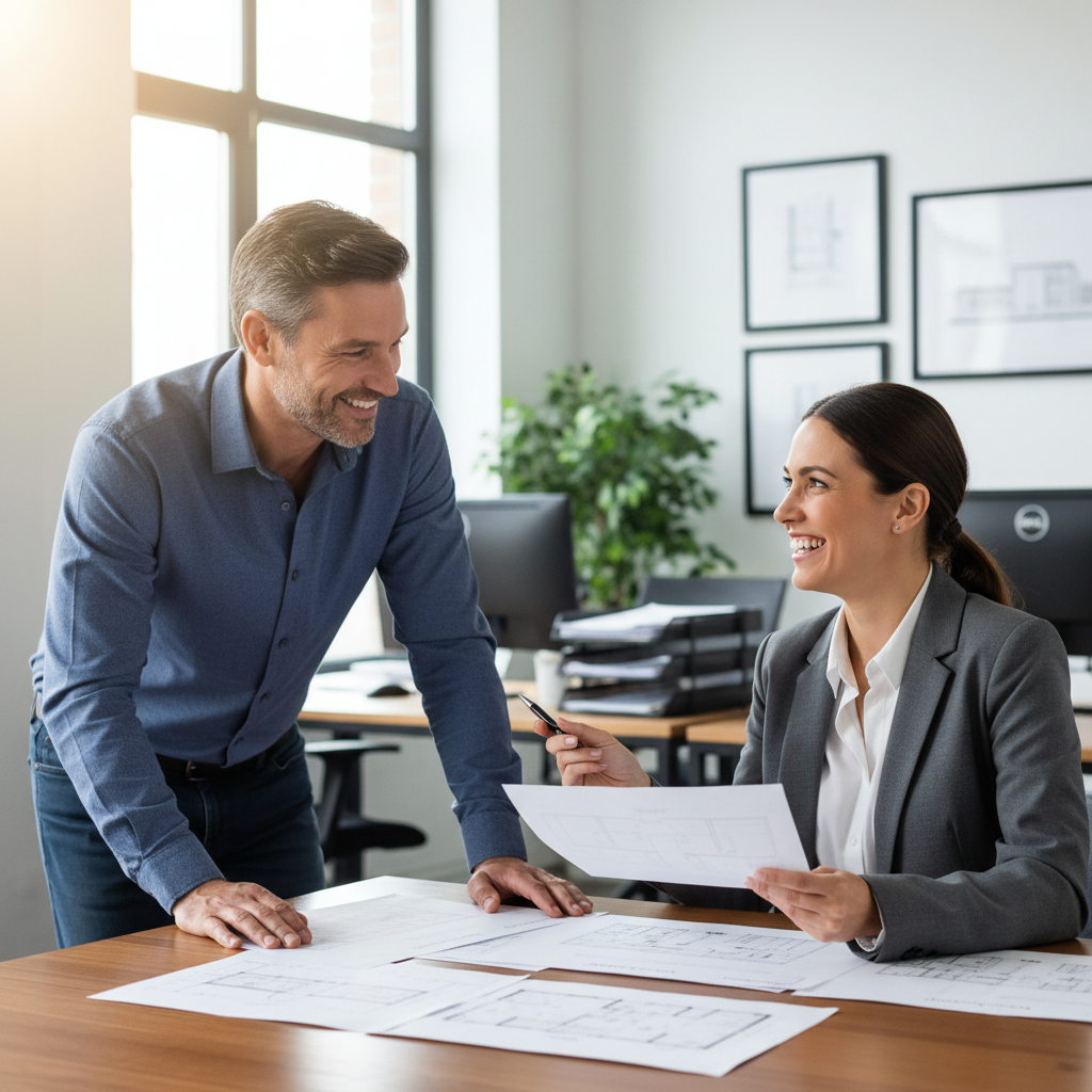 Two business professionals reviewing strategy documents together at a clean modern desk, warm office lighting, genuine smiles