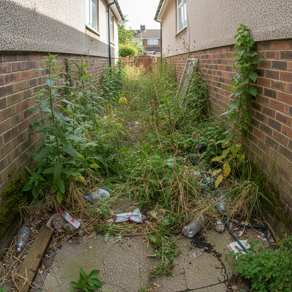 Narrow side setback between two houses, overgrown with weeds and debris