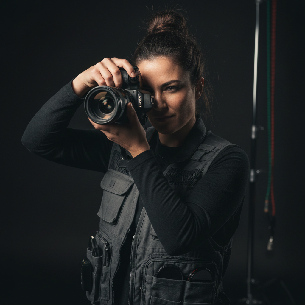 Automotive photographer at work during an event, black and white, dim natural light, professional camera