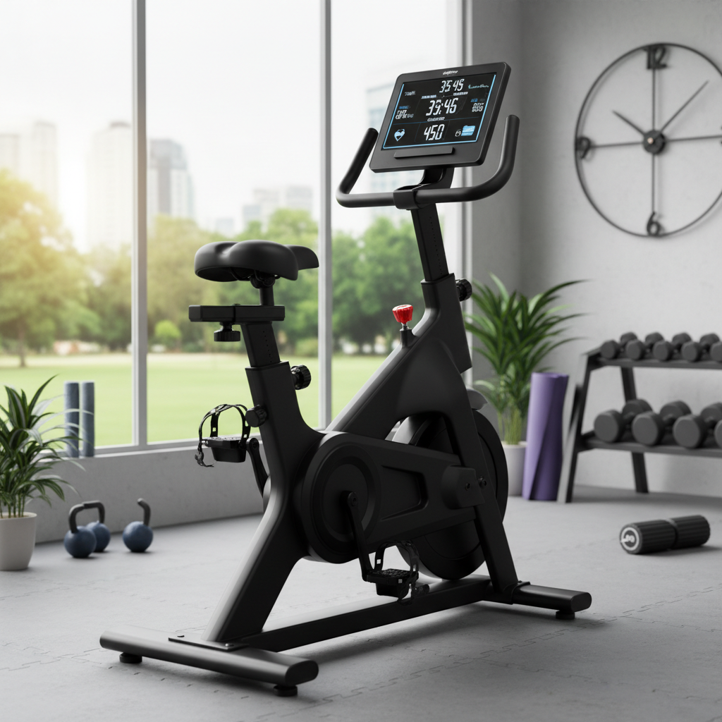 Exercise bike in bright modern home gym, clean natural light