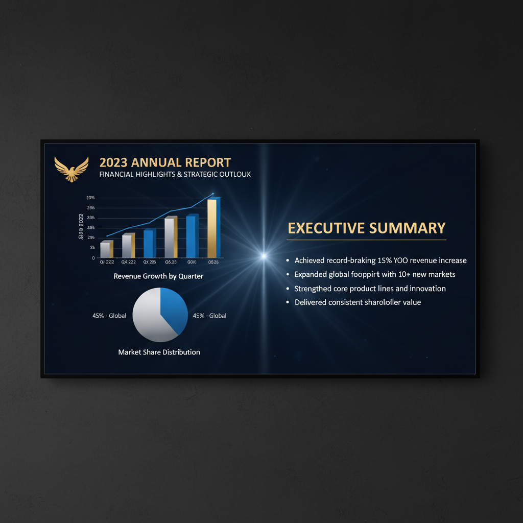Clean dark board presentation with revenue charts and pipeline metrics on professional dark background