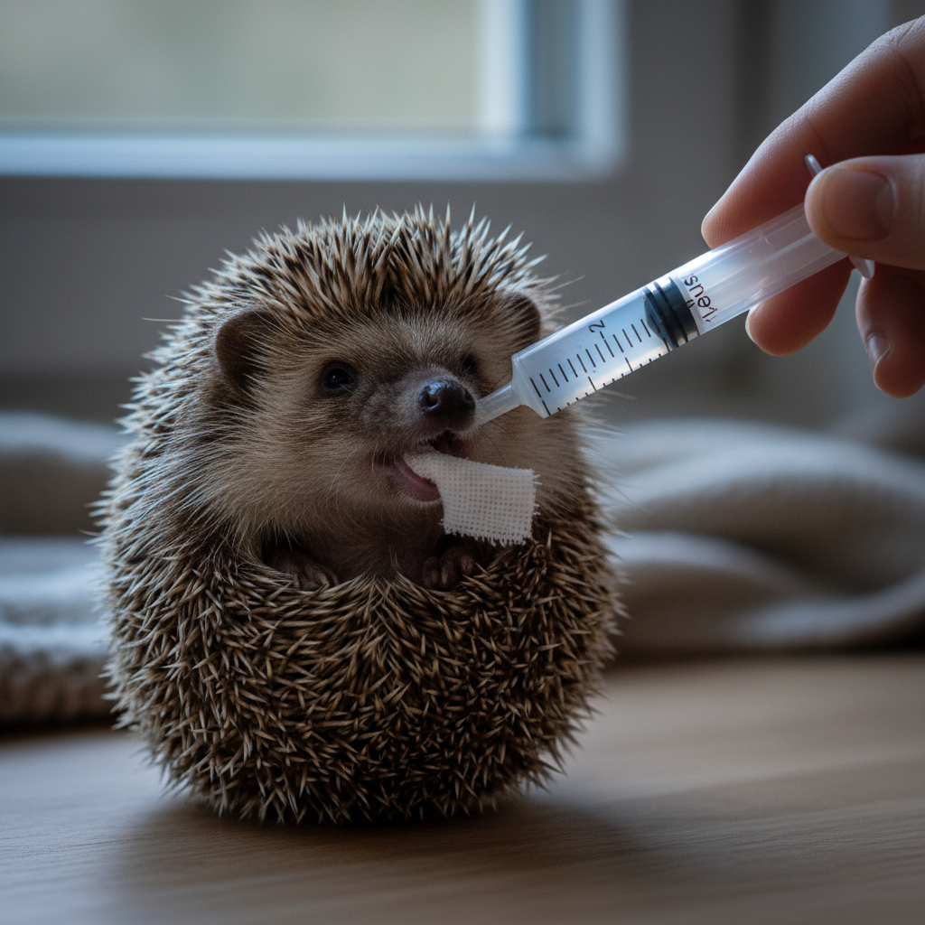 Acorn a hedgehog with a bandaged jaw being carefully syringe fed by a rescue carer at night