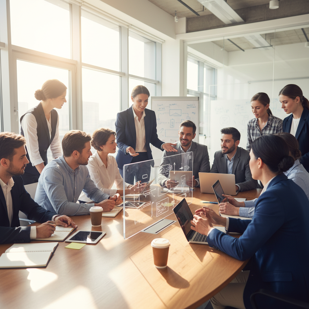 Profesional de talento humano en reunión de equipo con ambiente colaborativo y corporativo