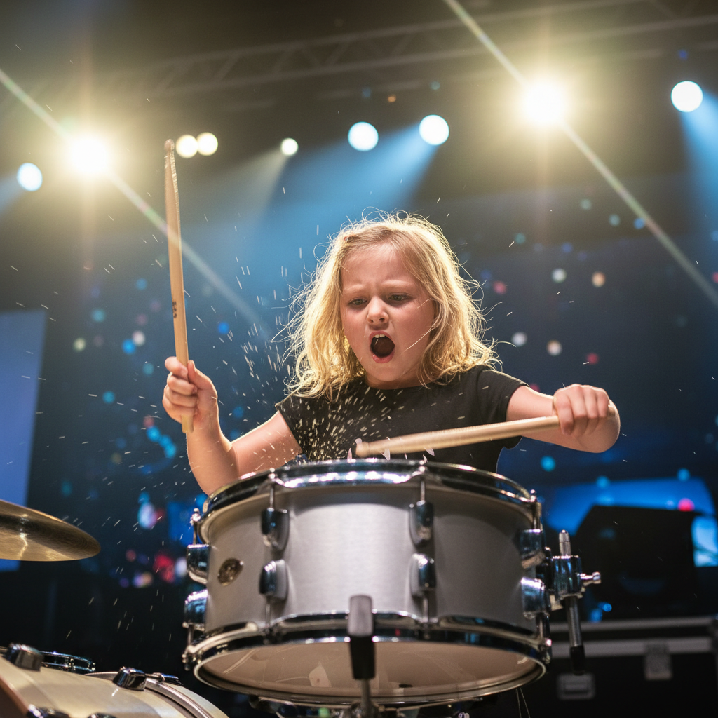 Young girl mid-rimshot on snare drum, mouth open in concentration, sticks blurred in motion