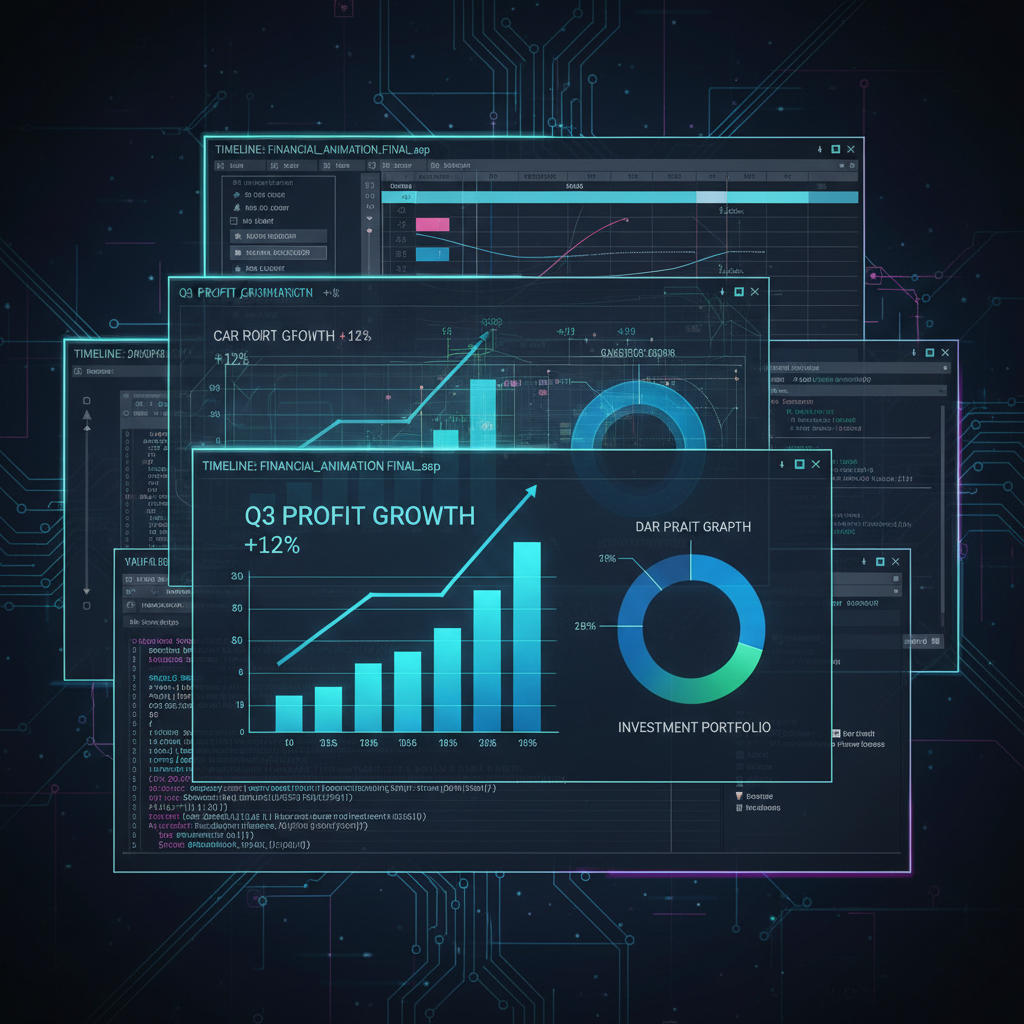Motion graphics build showing financial data animation process layers