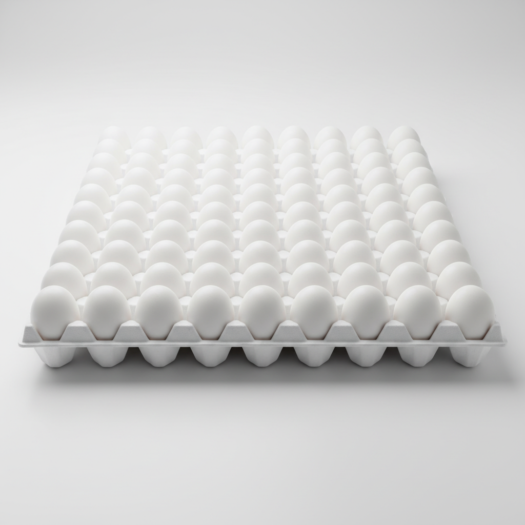 White eggs arranged in tray on bright clean surface, studio lighting