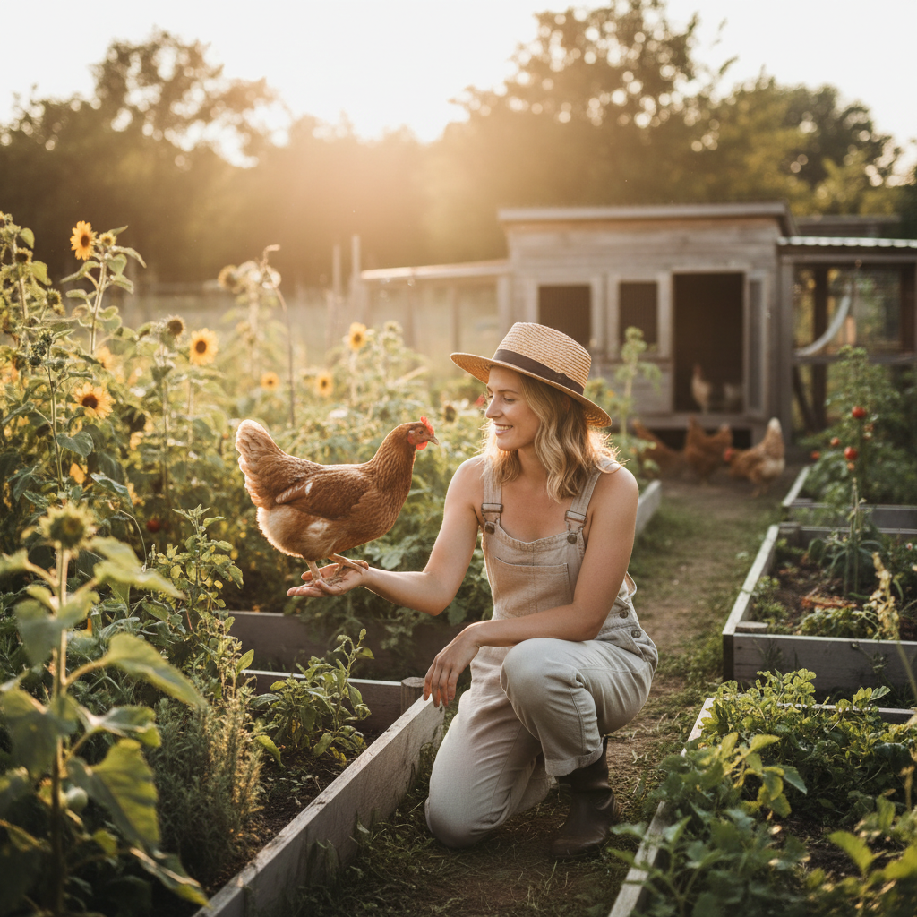 Woman kneeling in a golden-hour backyard garden with a speckled hen stepping across her outstretched hand, rustic coop and raised beds softly blurred in the background