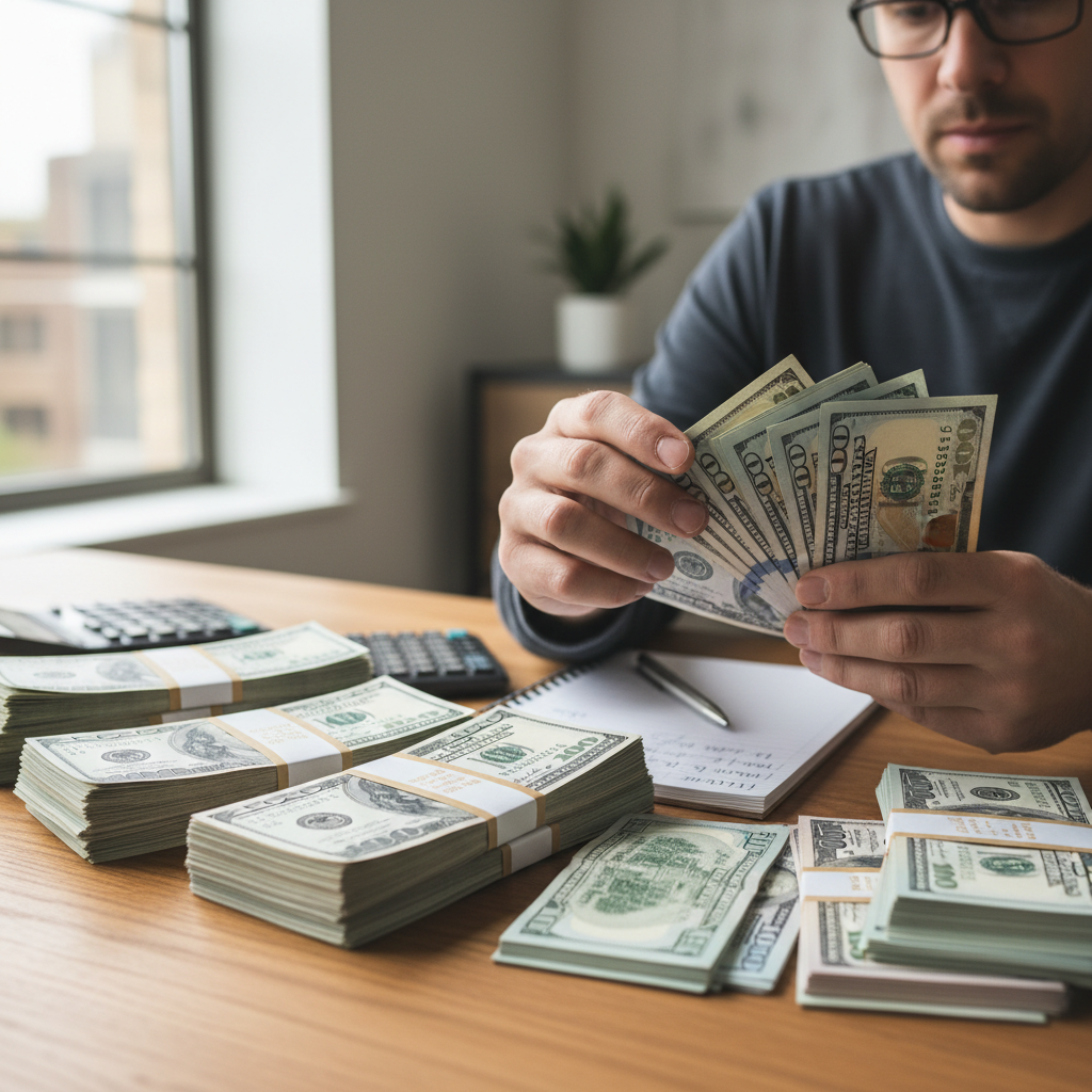 Person counting cash money for a car down payment, financial planning for vehicle purchase, stacks of bills on a table