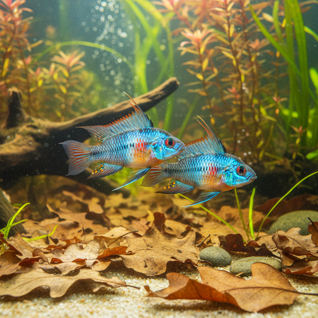 Vibrant German blue ram cichlid pair in a biotope aquarium with sand substrate and leaf litter