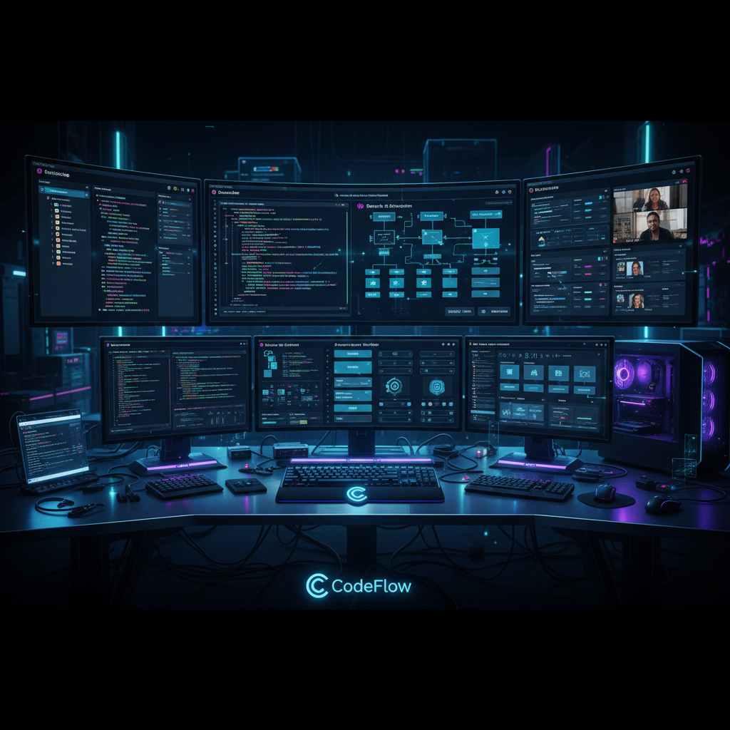 Karanlık monitörde karmaşık yazılım mimarisini gösteren kod