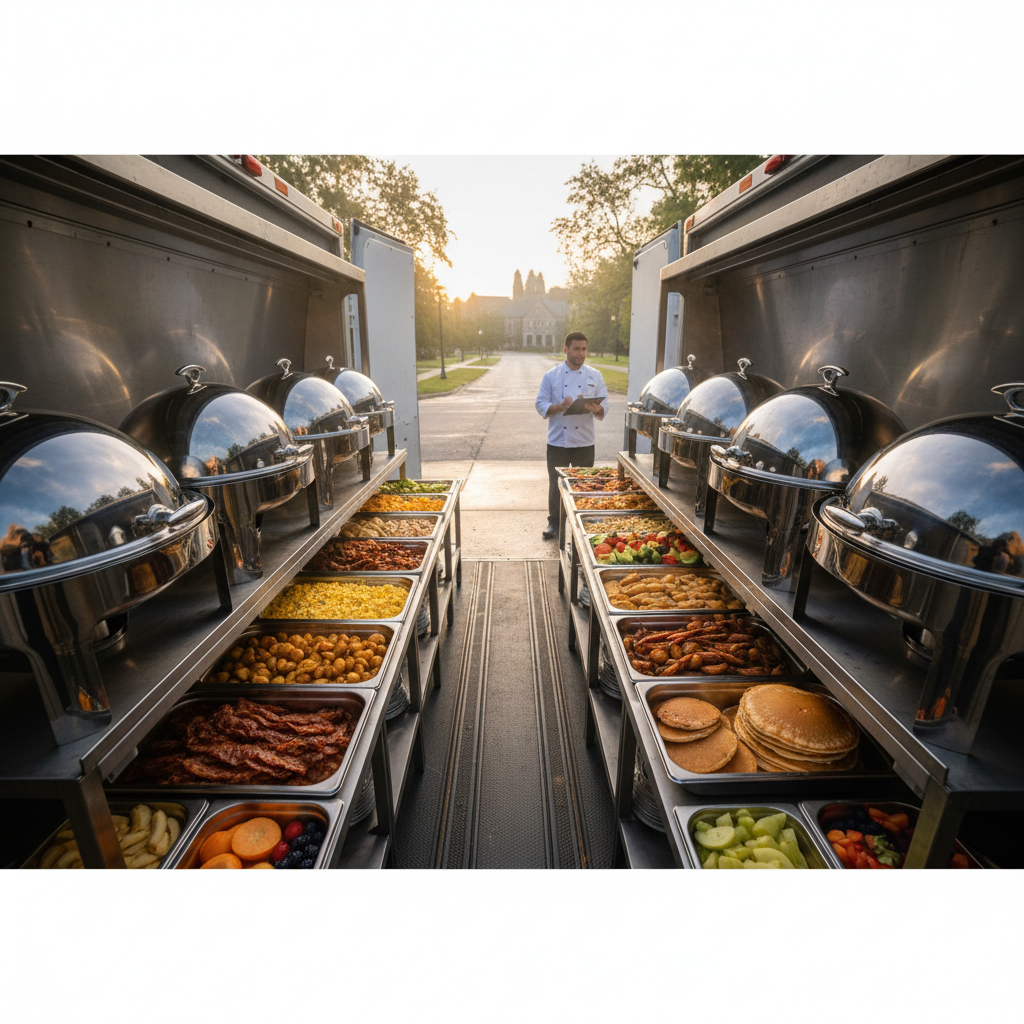 Catering van loaded with chafing dishes and food trays at dawn, ready for delivery