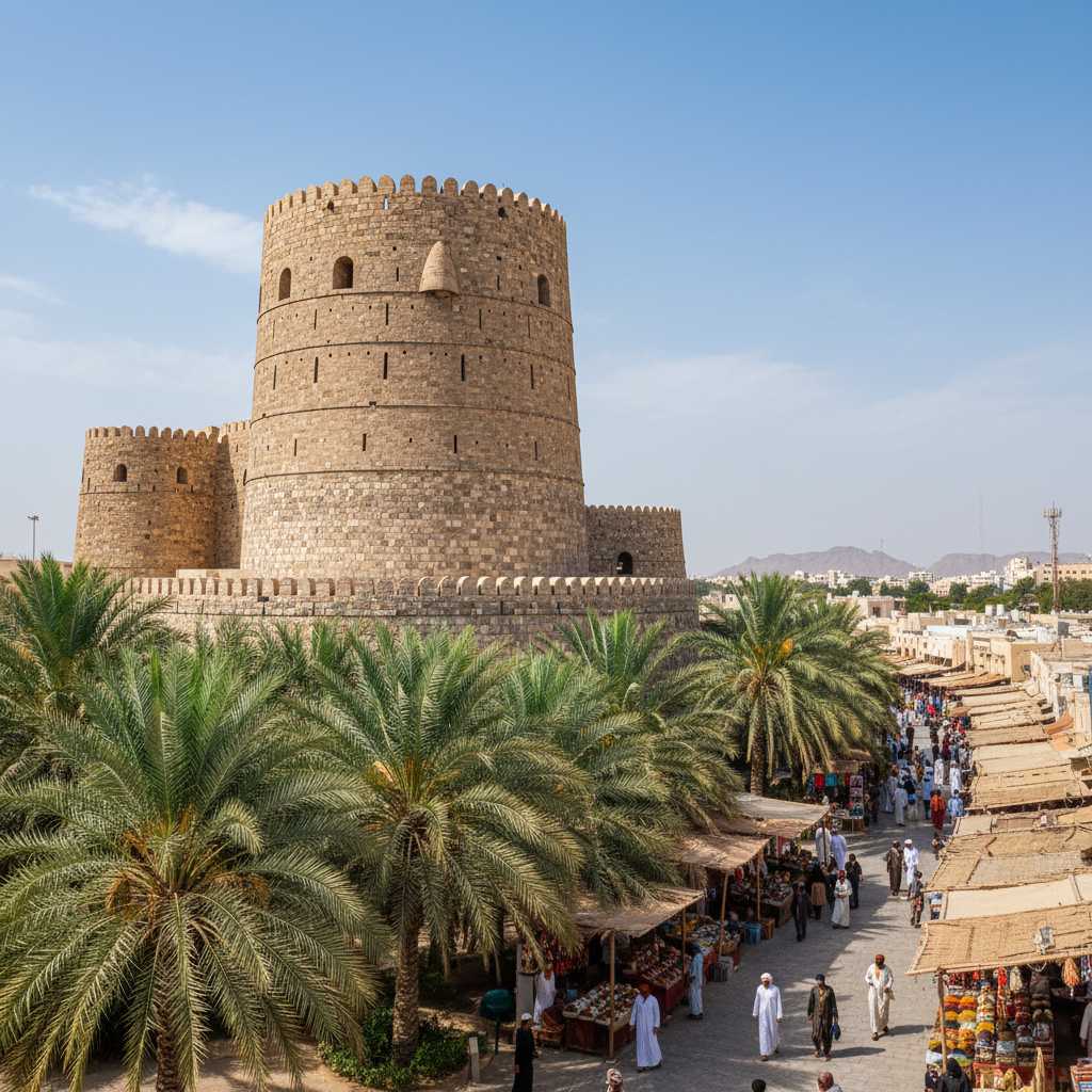 Ancient mud-brick fort rising above the date palm oasis of Nizwa in Oman