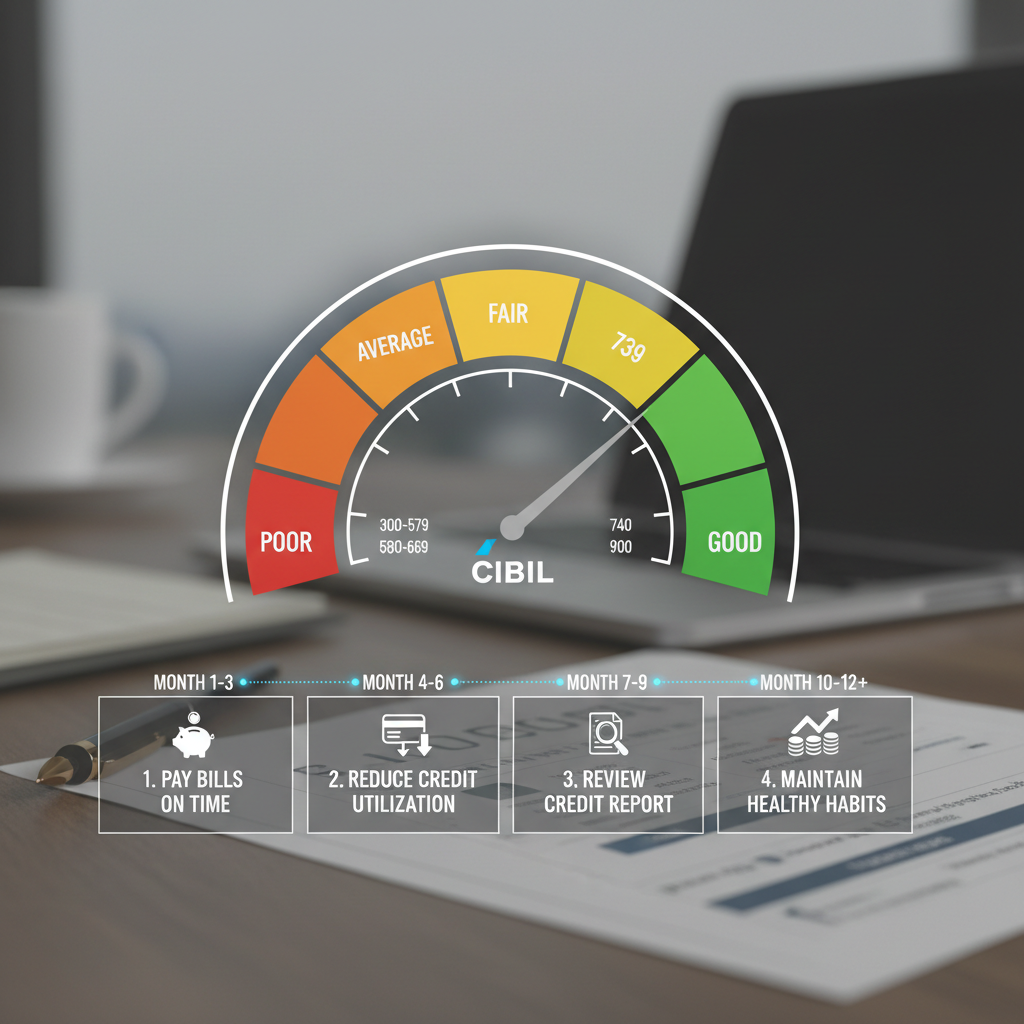 CIBIL credit score gauge showing improvement steps and timeline