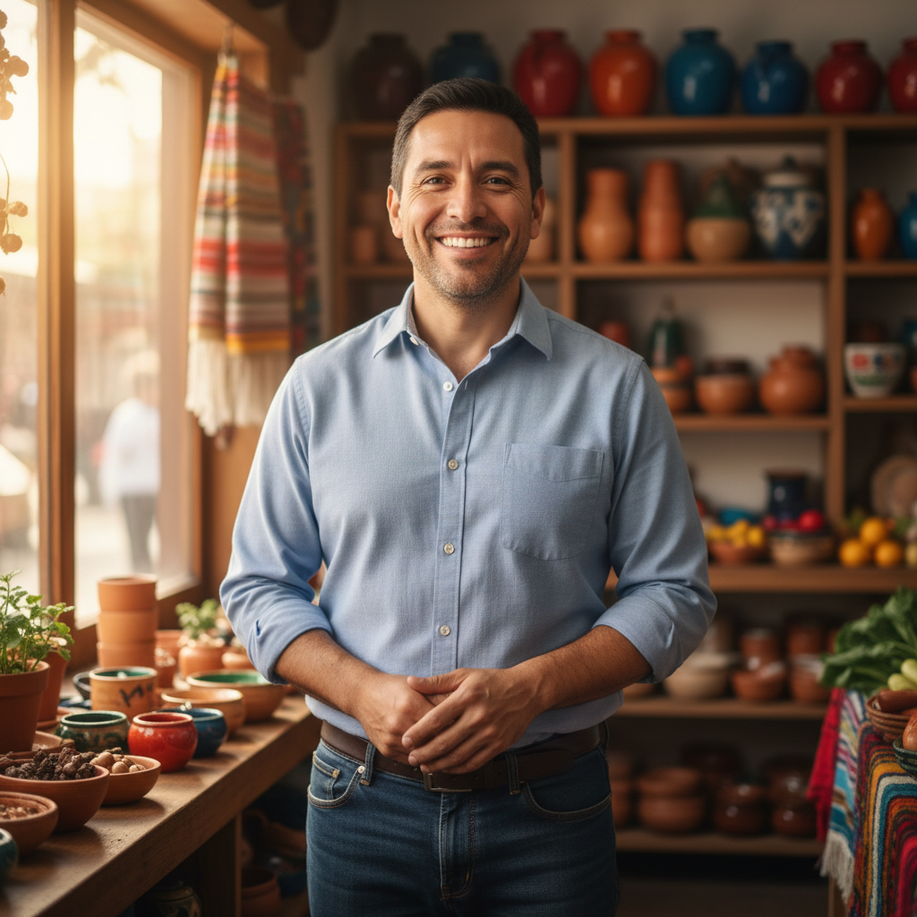 Male seller with friendly smile, bright neutral background