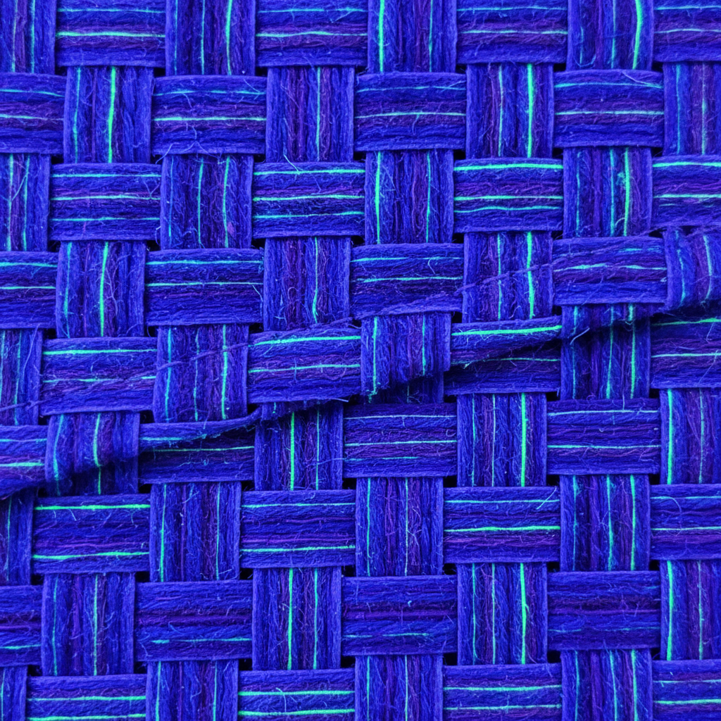Extreme close-up of fabric weave — individual fibers visible under ultraviolet light, flat-locked seams barely perceptible against the textile surface