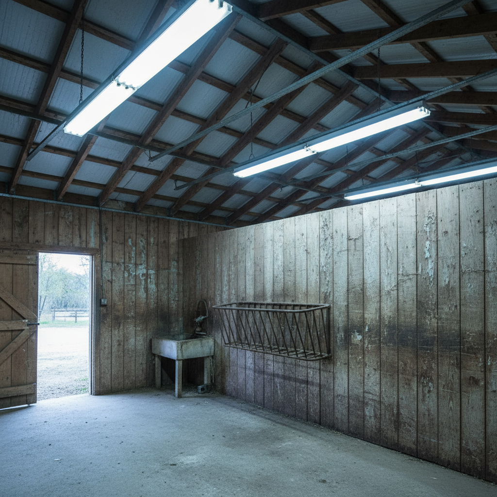 Barn stall with bare walls and overhead fluorescent lighting