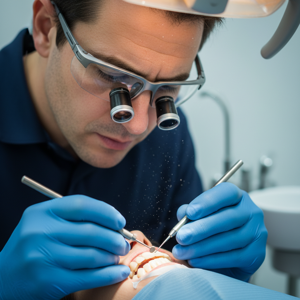 Dental professional using surgical loupes during veneer preparation procedure