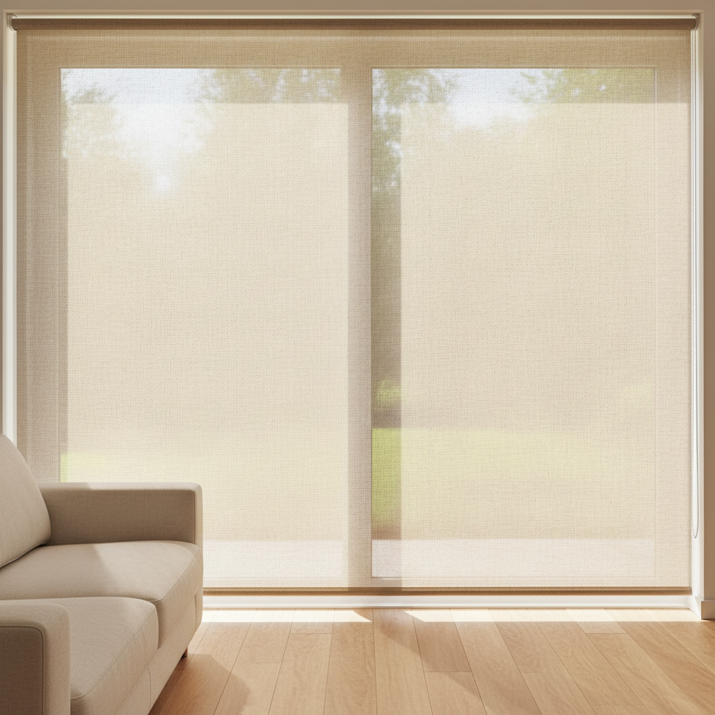 Living room with linen roller blinds filtering natural light