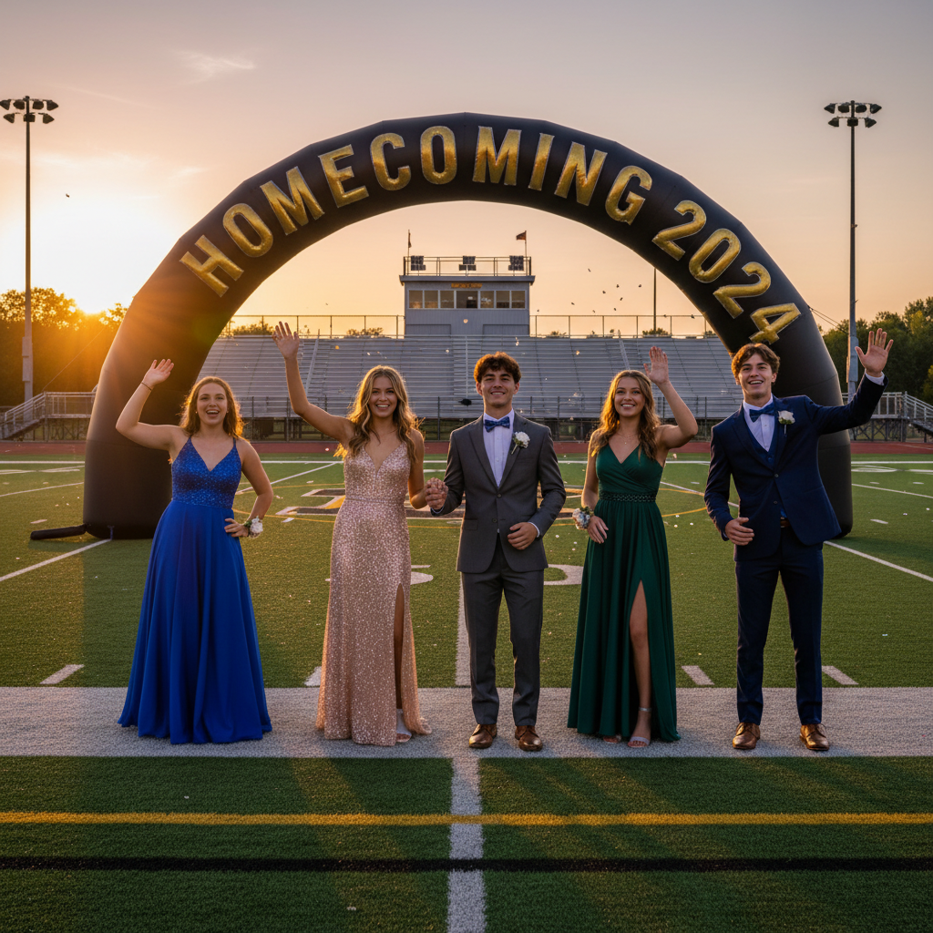 Homecoming court students in formal attire on football field during golden hour