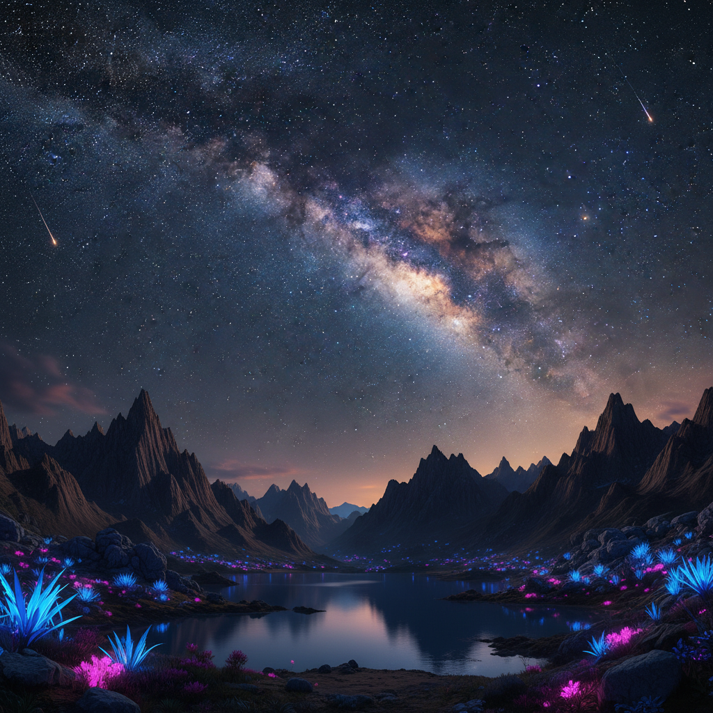 Milky Way core rising over a volcanic landscape, vibrant purple and blue tones with star clusters visible