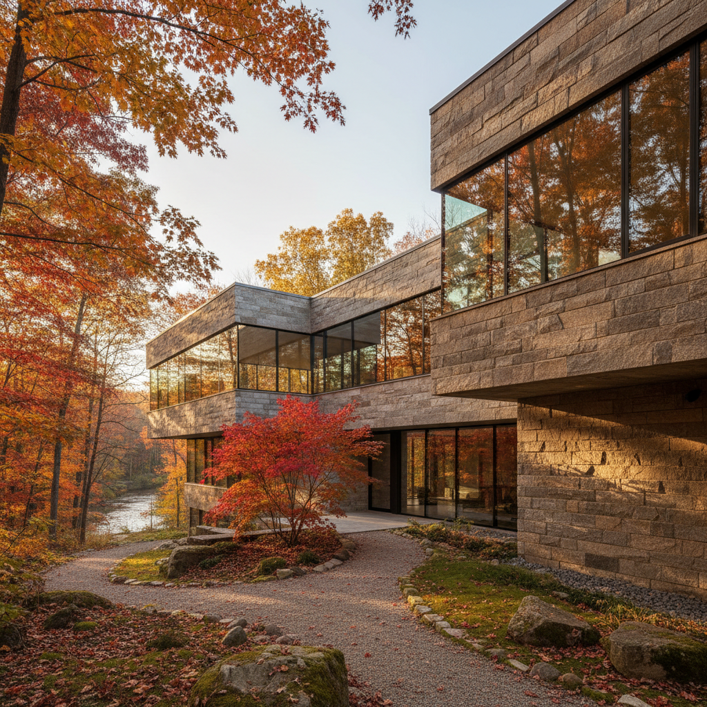 Modernist stone residence in Hudson Valley with floor-to-ceiling windows reflecting autumn forest