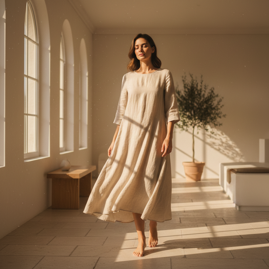 Woman in floral wrap midi dress, bright airy room, white walls, natural sunlight