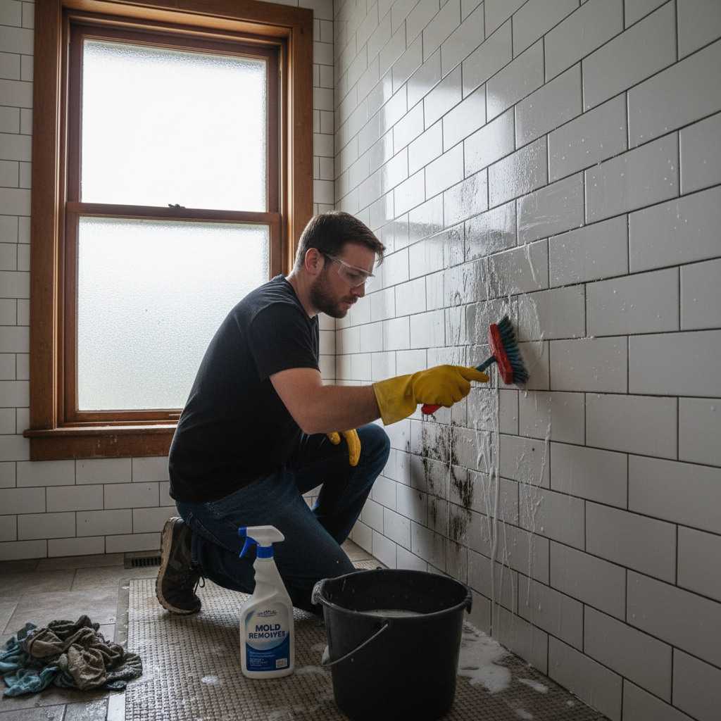Man carefully cleaning bathroom tiles with a cloth in a modern white bathroom
