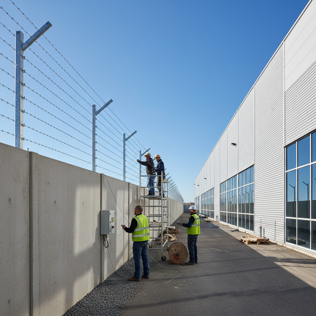 Electric fence installation along commercial warehouse perimeter wall, Athi River Kenya, professional security fencing