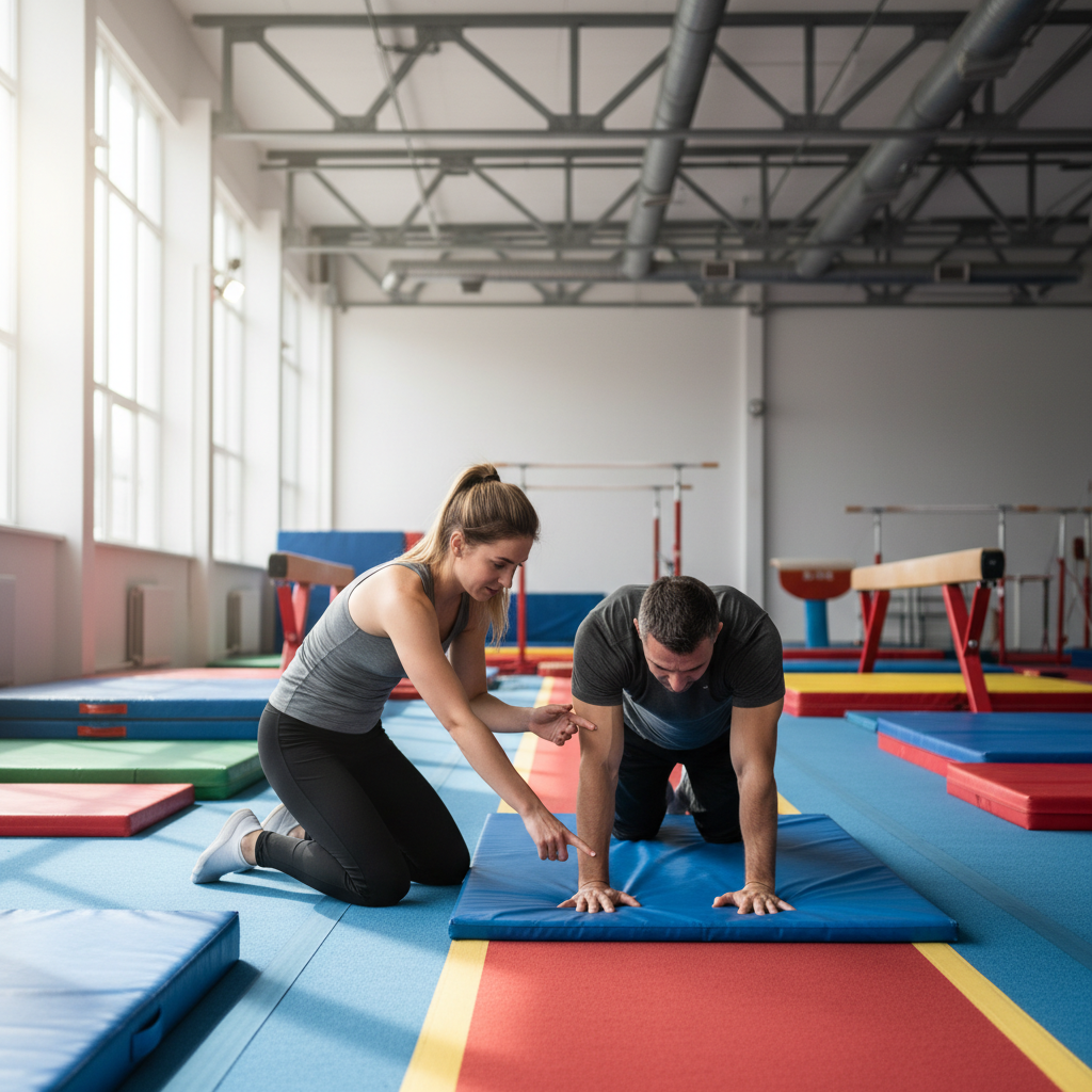 Coach guiding a young gymnast through a floor routine in a bright gym
