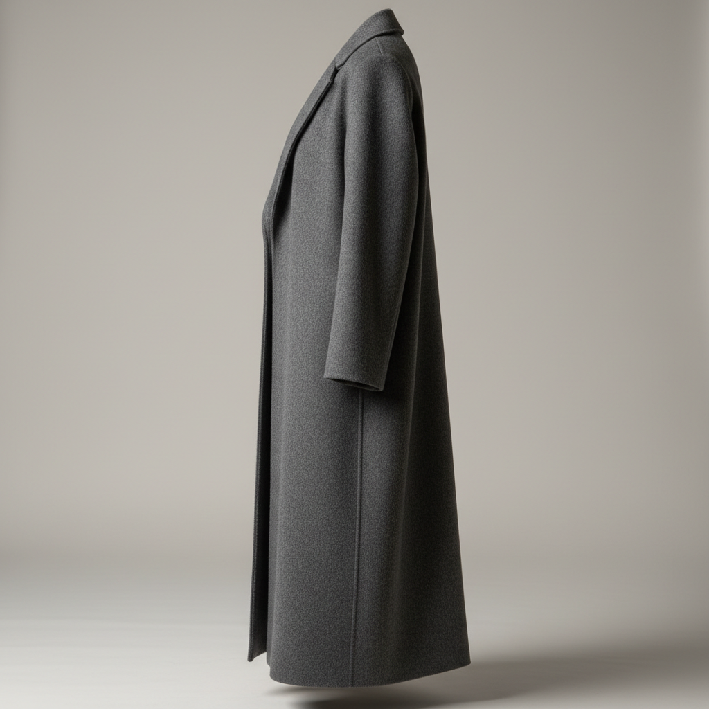 Structured wool coat in charcoal, draped on a form in dramatic side lighting
