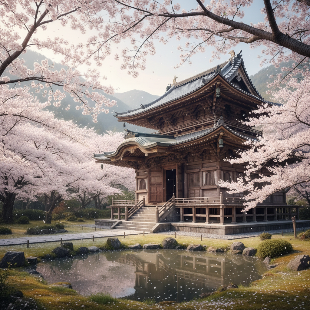 Kyoto traditional Japanese temple cherry blossom trees pink flowers bright spring day