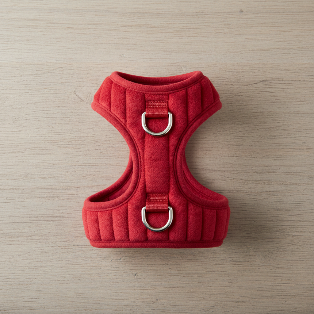 Red padded dog harness with two metal D-ring attachment points on wooden surface
