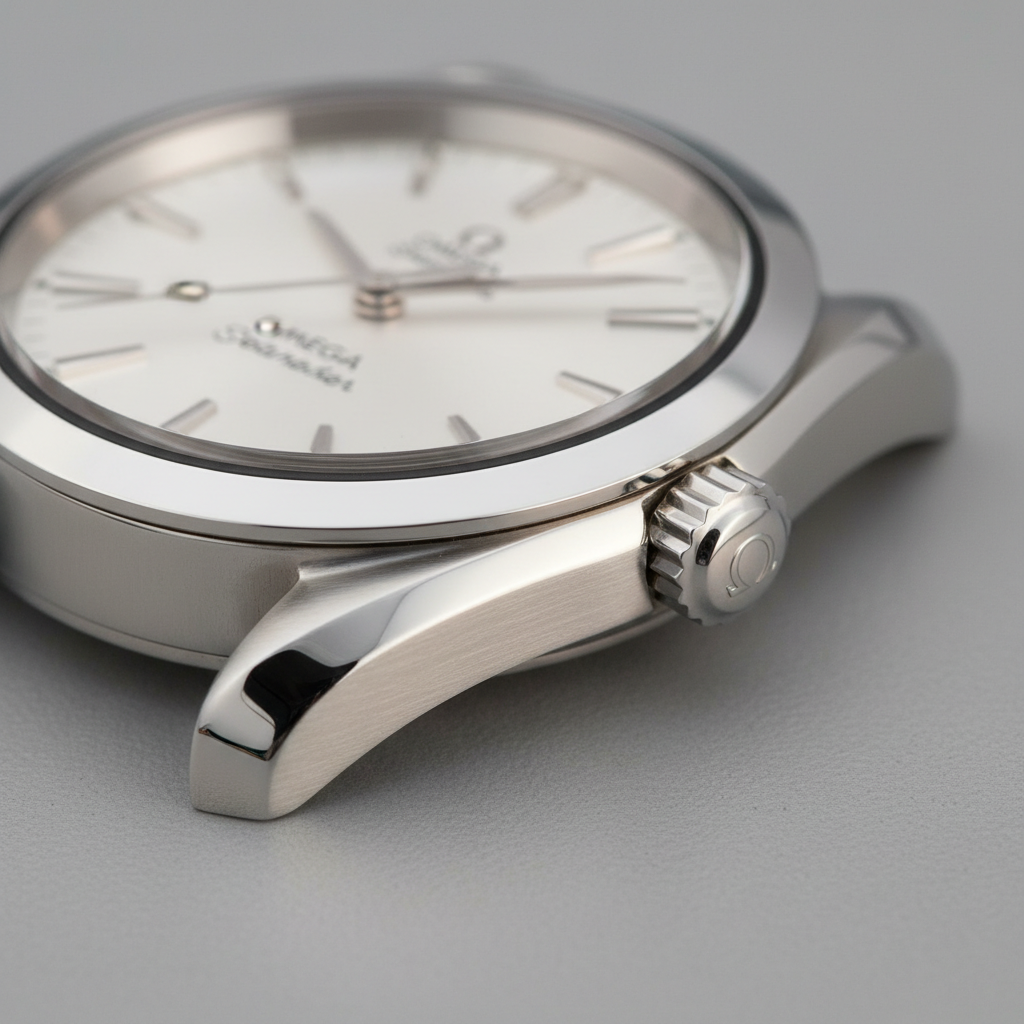 Vintage Omega Seamaster with patinated bezel insert, macro photography showing lume plots and dial texture