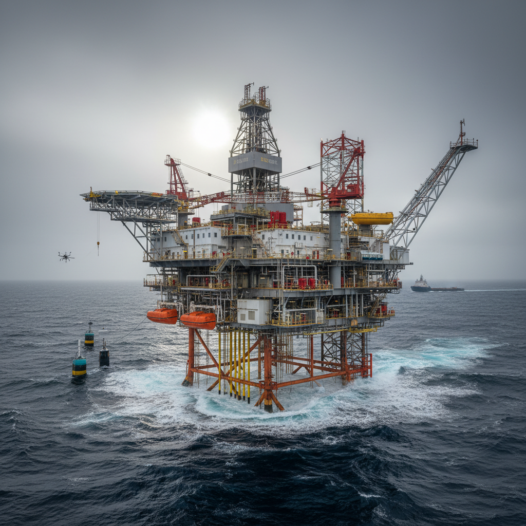 Offshore oil platform in North Sea with helicopter approach in rough weather conditions