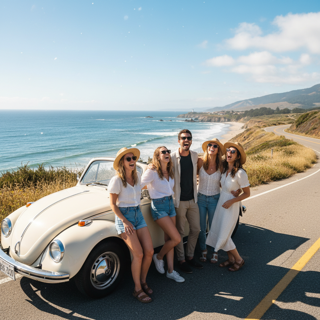Friends laughing together on a sunny road trip, golden hour light, open highway, joyful atmosphere