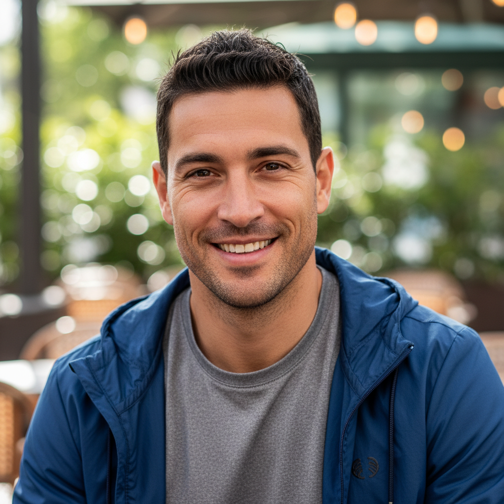 Man with short dark hair and a light jacket smiling outdoors
