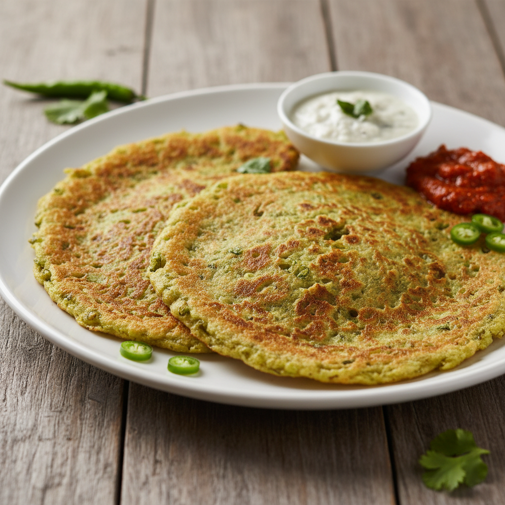 Pesarattu green moong crepe with ginger chutney on plate