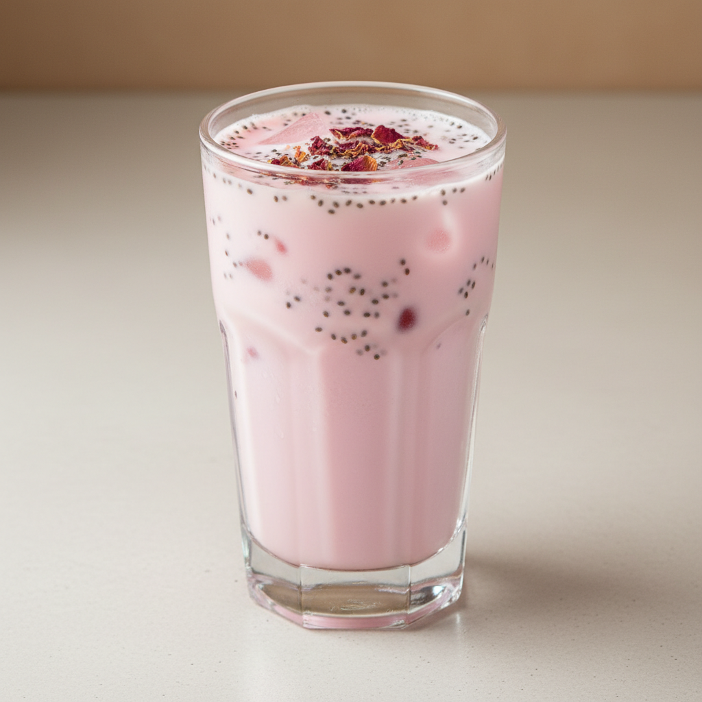 Pink rose falooda drink with basil seeds and ice cream in a tall glass, dark dramatic food photography background