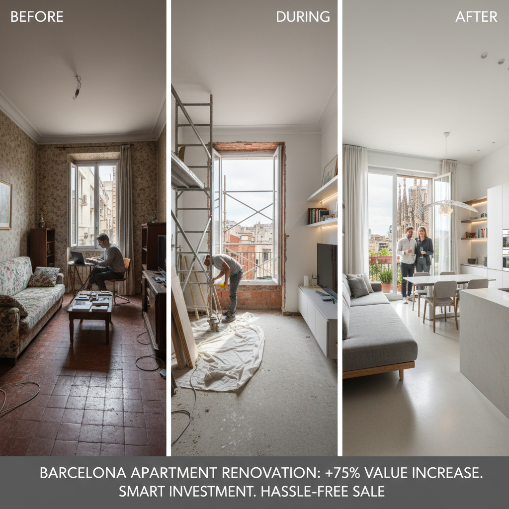 Before and after comparison of Barcelona apartment renovation showing value increase and ROI for selling or renting property
