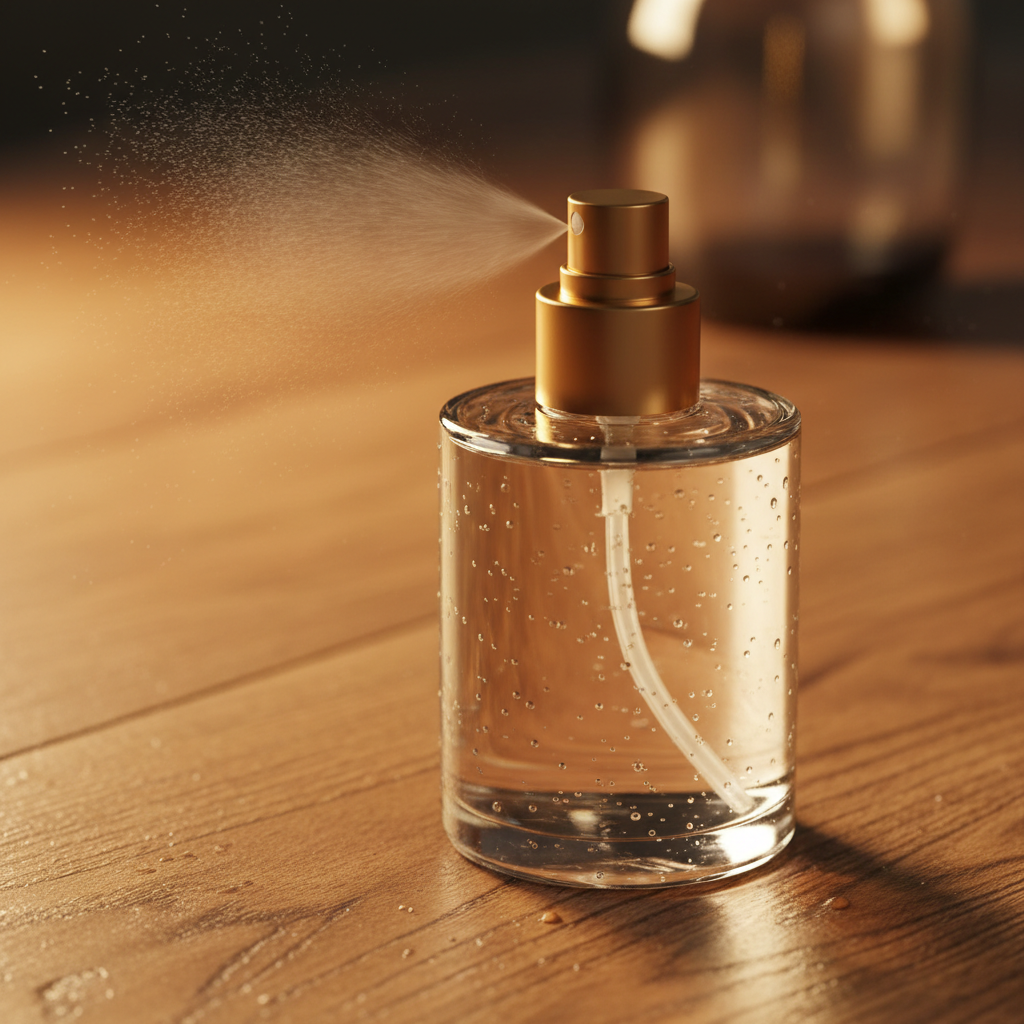 Fine mist spray bottle in warm golden light on wooden surface