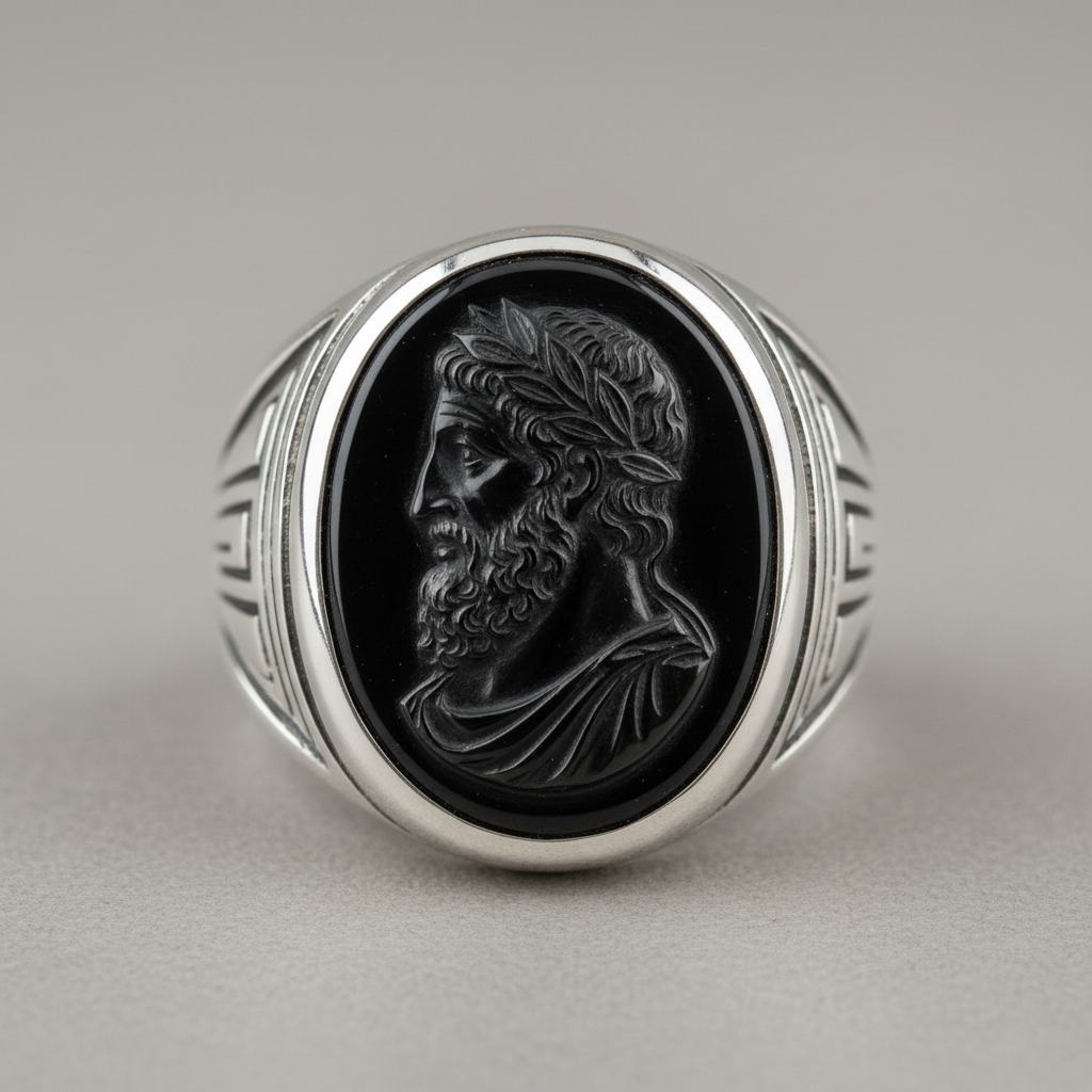 Philosopher seal ring with onyx intaglio in sterling silver, extremely limited edition