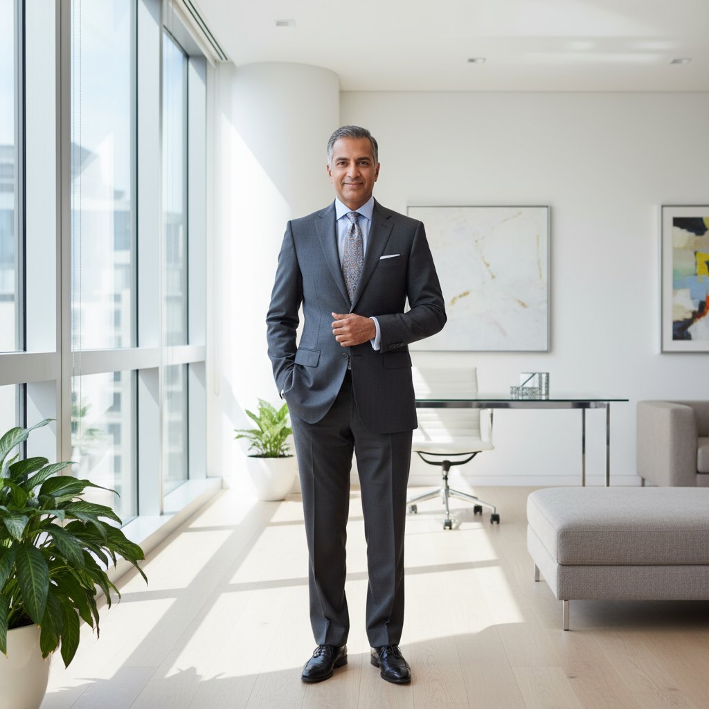 South Asian businessman in collared shirt at office desk