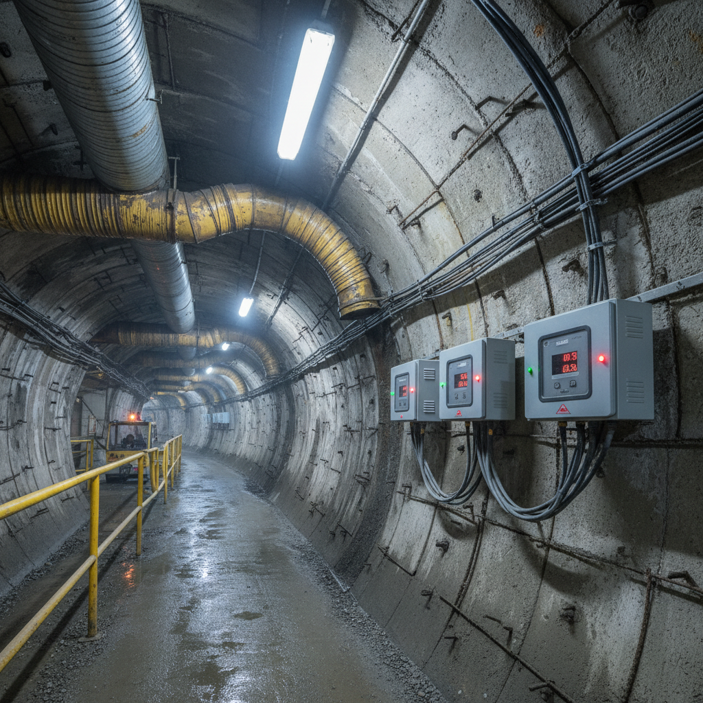 Underground mining tunnel with ventilation infrastructure and gas monitoring equipment mounted on tunnel wall