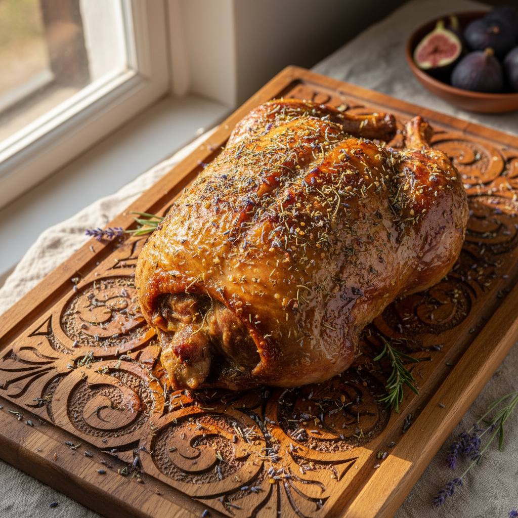 Porchetta intera arrostita su bancone di legno rustico, erbe aromatiche sparse, luce naturale calda da finestra