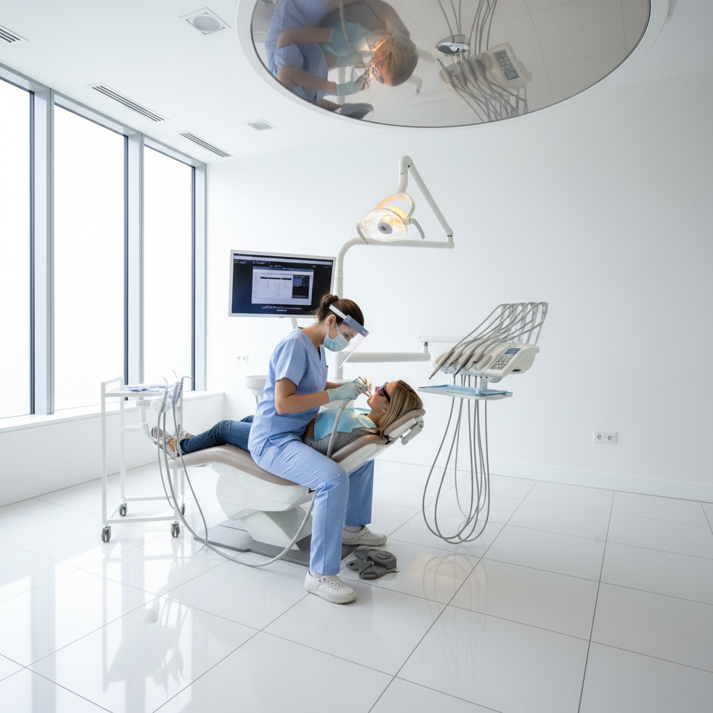 Dental hygienist in blue scrubs assisting patient in modern treatment room, calm professional atmosphere