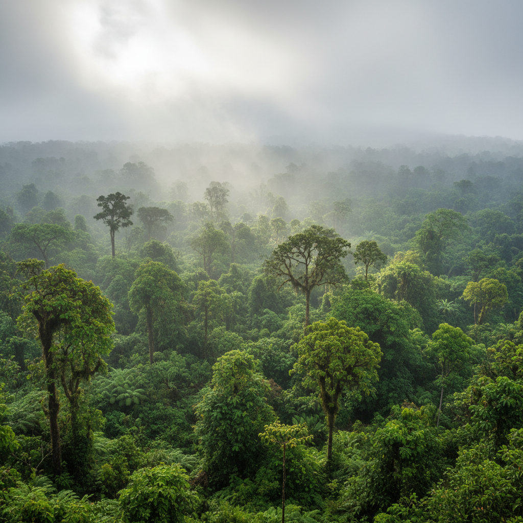 Aberdare highland forest, misty mountain range, dense green canopy Kenya
