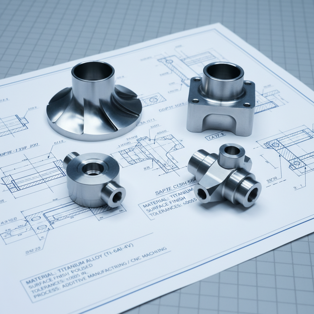 Machined titanium aerospace part on workbench under task lamp lighting
