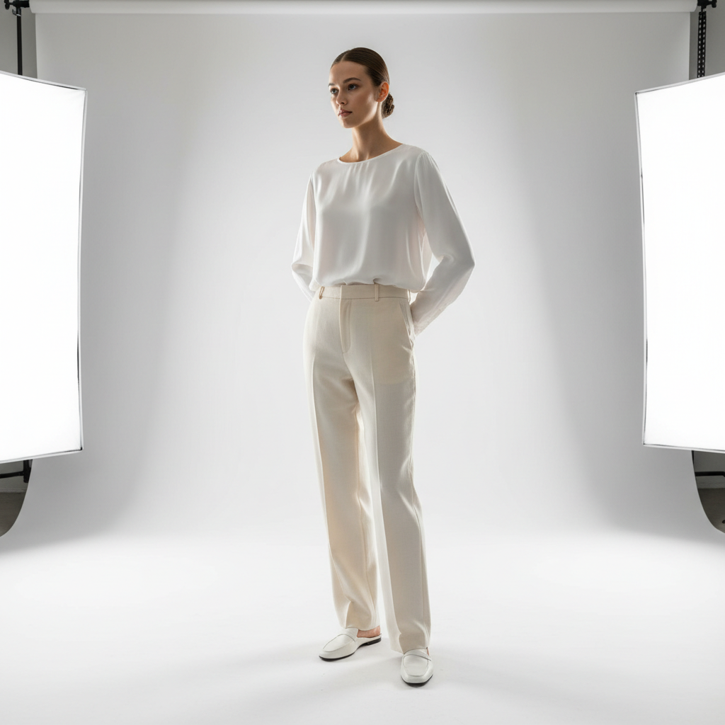 Full outfit shot featuring trousers paired with minimal white top, bright studio, front-facing pose